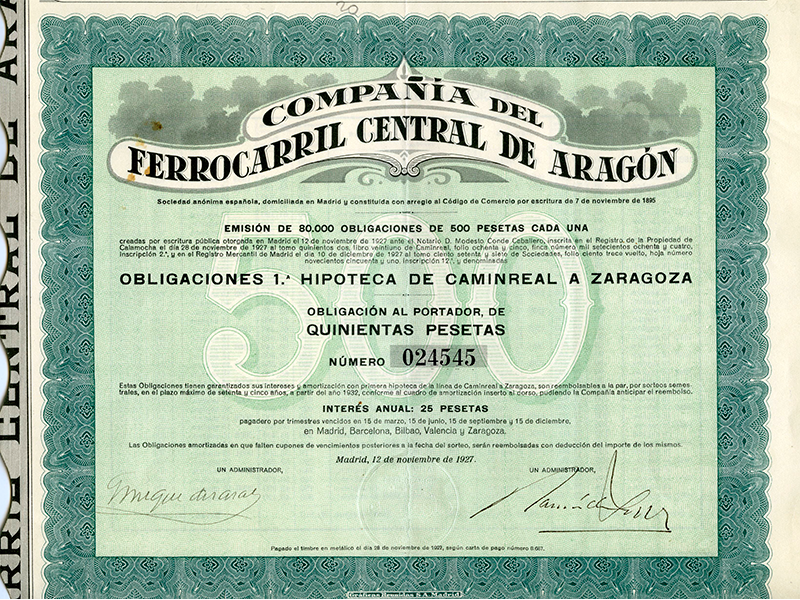 Obligacin de la Compaa del Ferrocarril Central de Aragn. Ao 1927. Sign. IG-5963