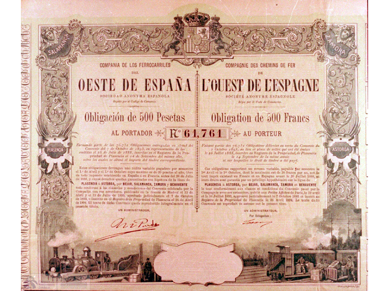 Obligacin de la Compaa de los Ferrocarriles del Oeste de Espaa. Ao 1894. Sign. IG-0588