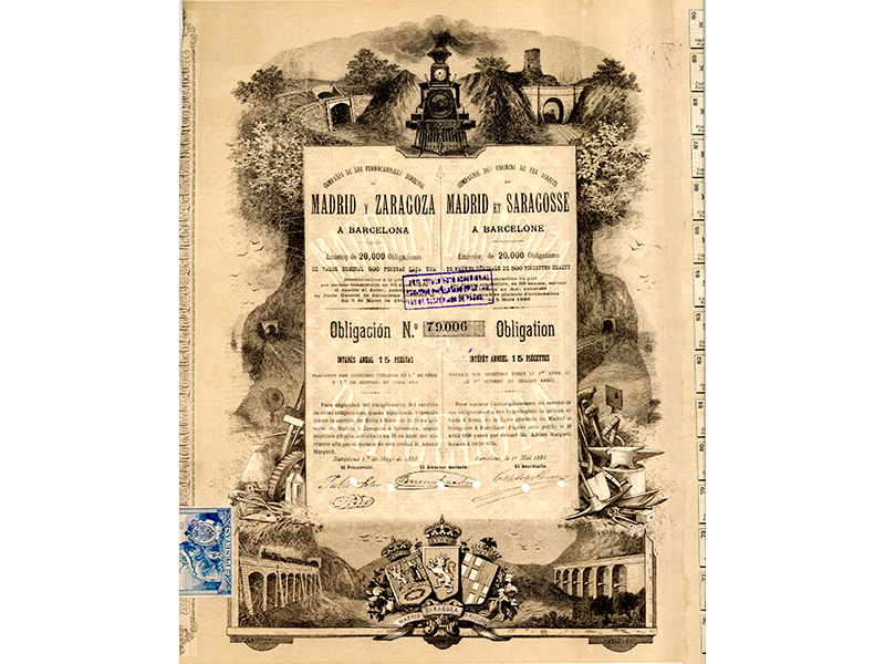 Obligacin de la Compaa de los Ferrocarriles Directos de Madrid y Zaragoza a Barcelona. Ao 1886. Sign. O-0024