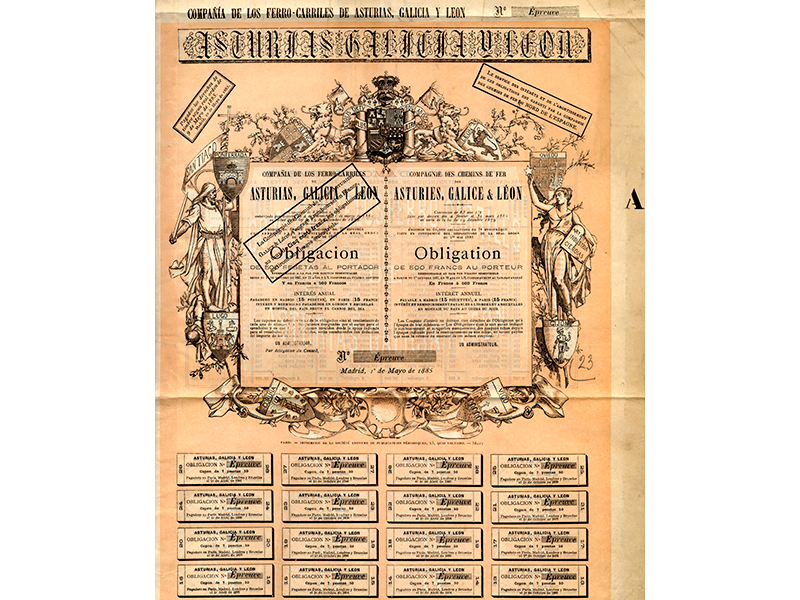 Prueba de imprenta de obligaciones de la Compaa de los Ferrocarriles de Asturias, Galicia y Len. Ao 1885. Sign. O-0047