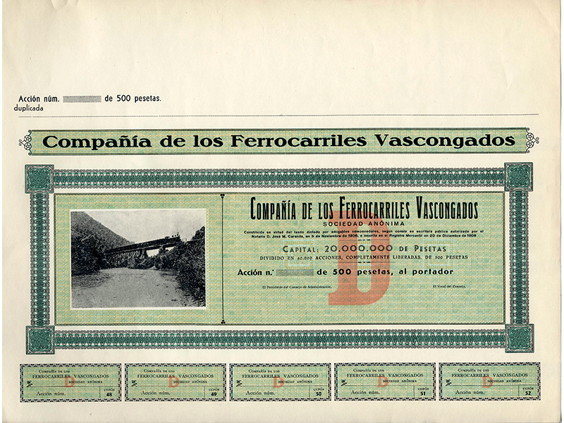 Prueba de imprenta de accin de la Compaa de los Ferrocarriles Vascongados, S.A. Ao 1906. Sign. O-0052