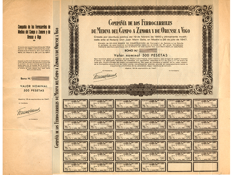 Prueba de imprenta de bono de construccin de la Compaa de los Ferrocarriles de Medina del Campo a Zamora y de Orense a Vigo. Ao 1947. Sign. O-0055