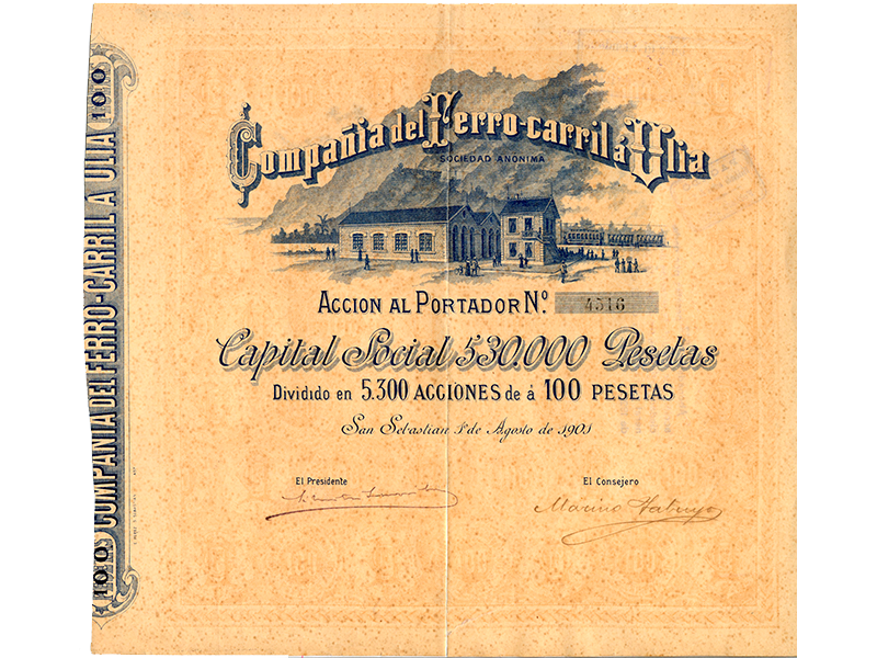Accin de la Compaa del Ferrocarril a Ulia, S.A. Ao 1914. Sign. O-0068