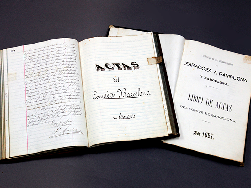 Libros de Actas del Comit de Barcelona de la Compaa de los Ferrocarriles de Zaragoza a Pamplona y Barcelona. Aos 1867-1873. Sign. L-0489 - L-0490