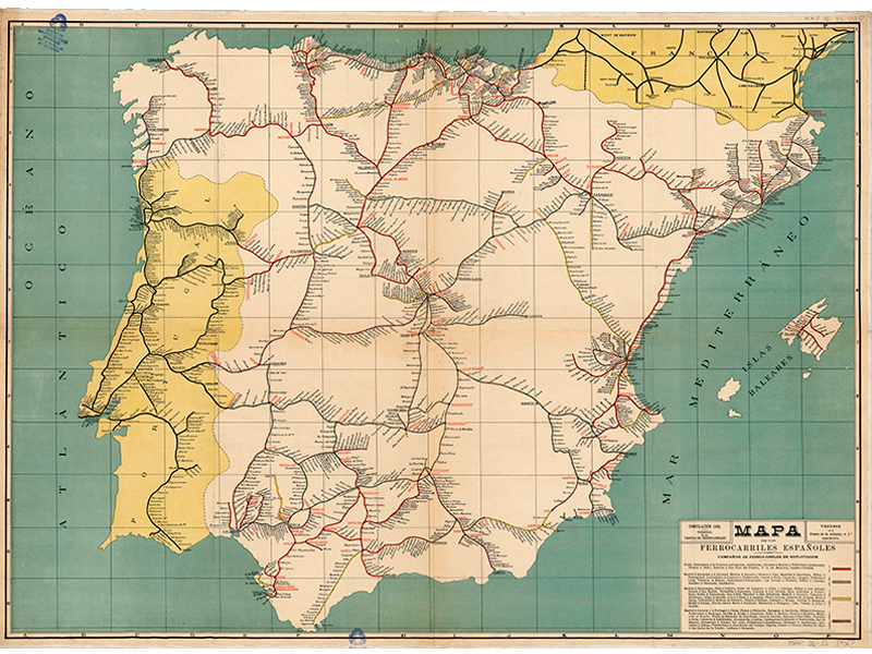 Mapa de los ferrocarriles espaoles: compaas de ferrocarriles en explotacin. 193?. Signatura MAP 01-13 