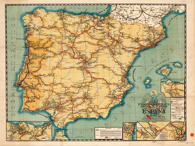 Mapa de los ferrocarriles en explotacin, construccin y proyecto en Espaa y Portugal. Alfredo Forcano Cataln. 1943. Signatura MAP 02-14