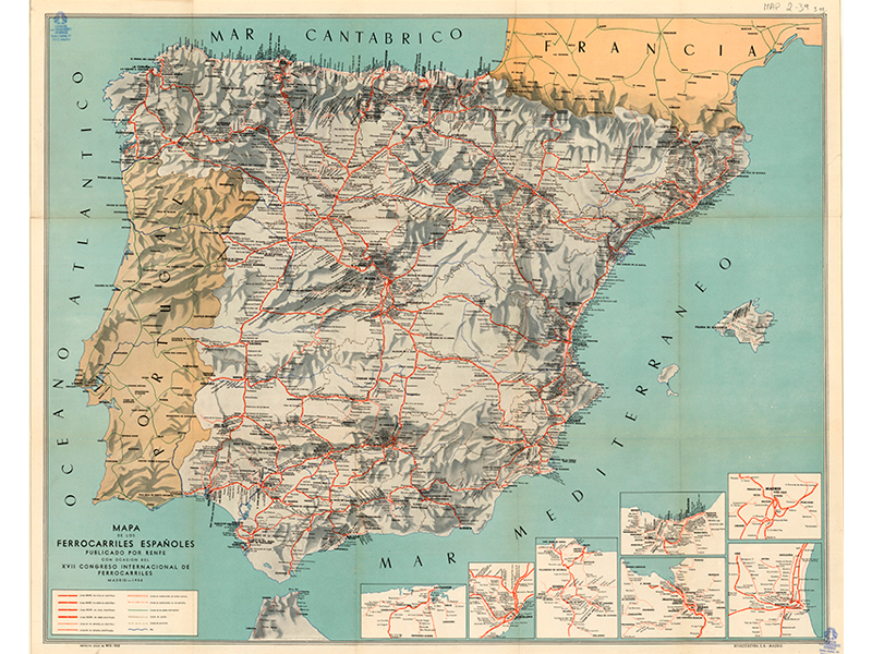 Mapa de los ferrocarriles espaoles - Carte des chemins de fer espagnols publiee par la RENFE. 1958. MAP 02-39
