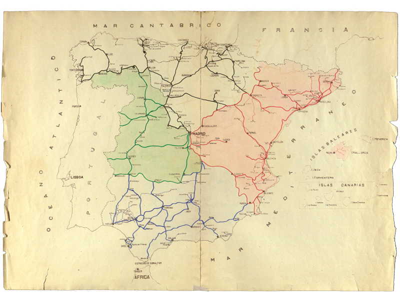 Mapa con las lneas de las cuatro grandes redes ferroviarias, posible divisin de la Red General Nacional. Ao 1918. Sign. P-0002-019
