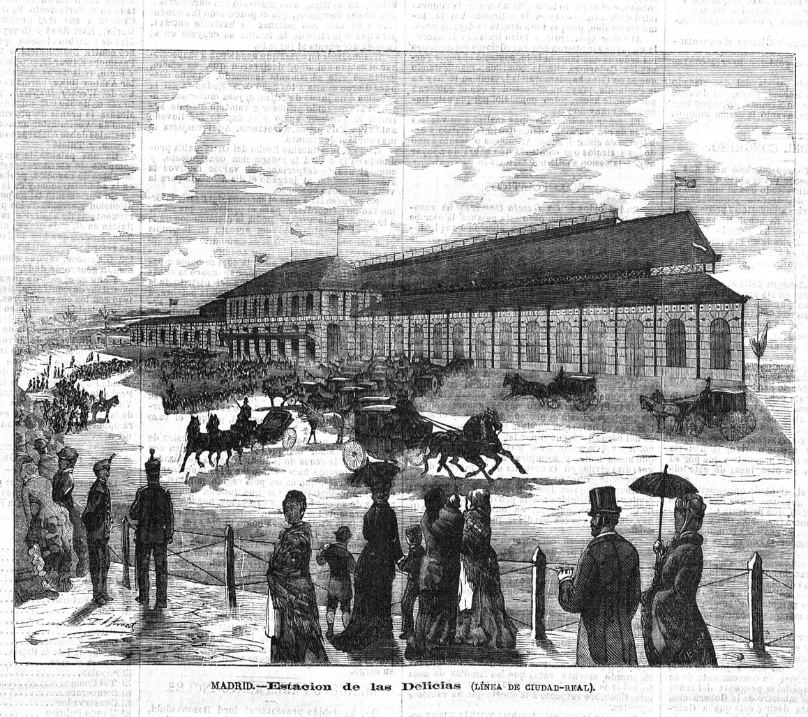 Grabado de la inauguración de la estación de Delicias el 30 de marzo de 1880. <i>El Globo. Diario Ilustrado</i>, 18-abr-1880. <i>Biblioteca Nacional de España</i>