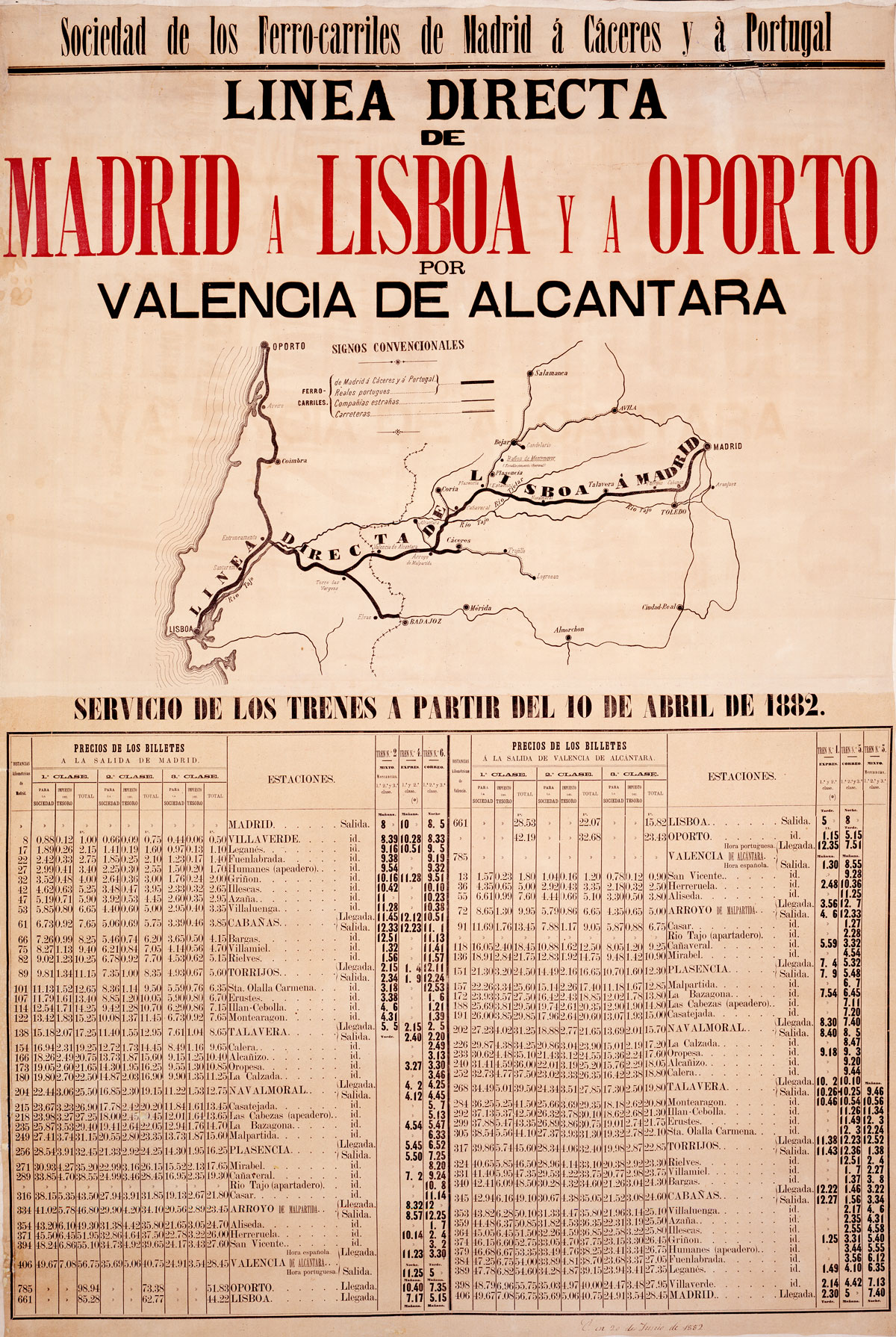 Cartel de la línea directa Madrid-Lisboa-Oporto. Año 1882. <i>Biblioteca Nacional de España</i>