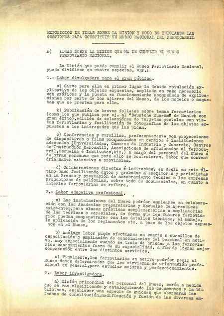 Exposicin de ideas sobre la misin e inicio de gestiones para la constitucin de un Museo Nacional Ferroviario