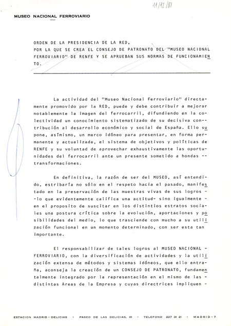 Acuerdo de la Presidencia de RENFE sobre la constitucin y funcionamiento del Consejo de Patronato del Museo Nacional Ferroviario