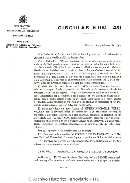 Circular num. 481 de la Direccin General de la Red Nacional de los Ferrocarriles Espaoles