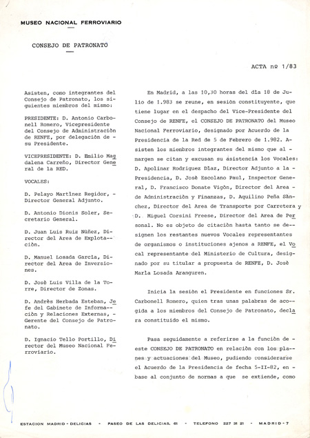 Acta n 1 / 83 del Consejo de Patronato del Museo Nacional Ferroviario