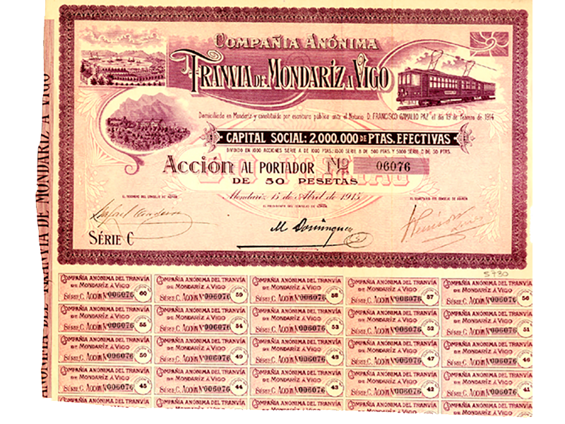 Acción de la Compañía Anónima del Tranvía de Mondariz a Vigo. Año 1915. Sign. IG-0567