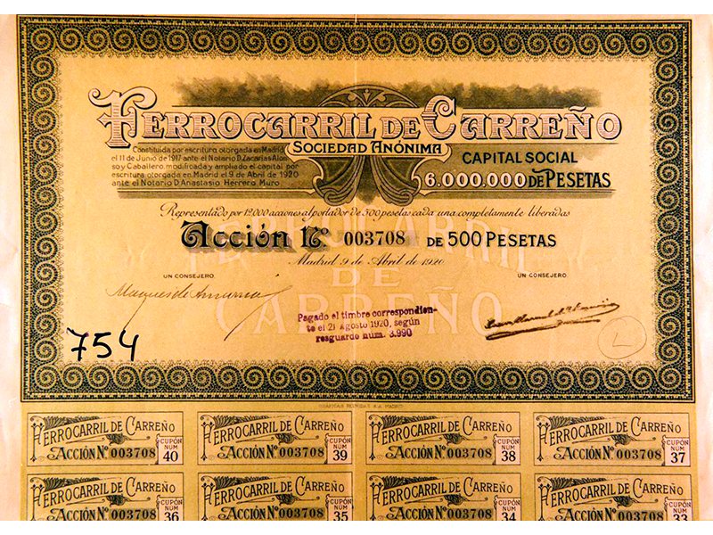 Acción del Ferrocarril de Carreño, S.A. Año 1920. SigN. IG-0754