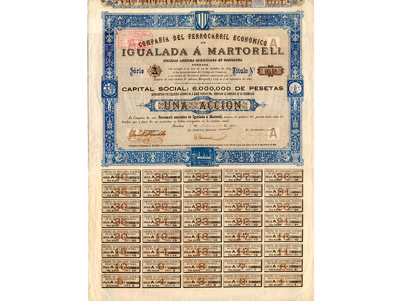 Acción de la Compañía de los Ferrocarriles Económicos de Igualada a Martorell. Año 1883. Sign. O-0057
