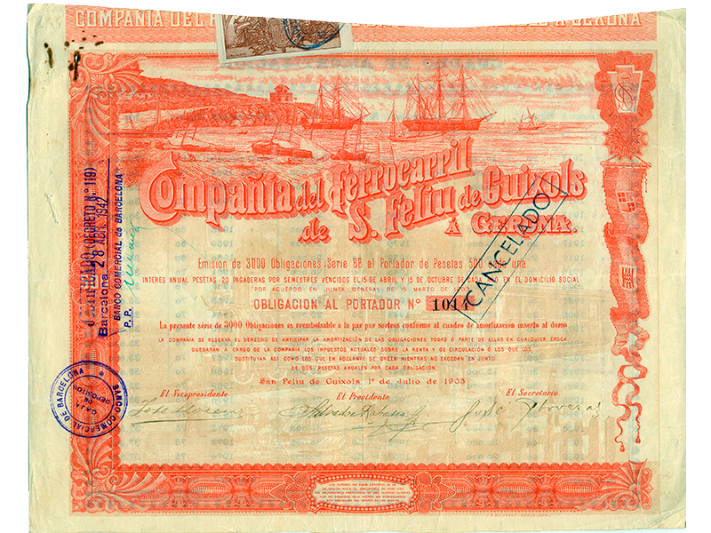 Obligación Compañía Anónima del Ferrocarril de San Feliu de Guíxols a Gerona. Año 1903. Sign. O-0058