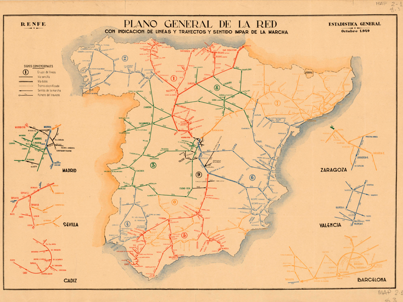 Plano general de la red con indicación de líneas y trayectos y sentido impar de la marcha : estadística general, octubre 1949. Renfe. Signatura MAP 02-01