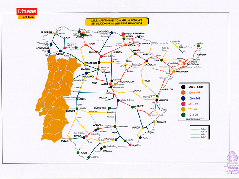 Distribución de agentes por municipios. Líneas del tren. Aprox. 1994. Signatura MAP 02-40