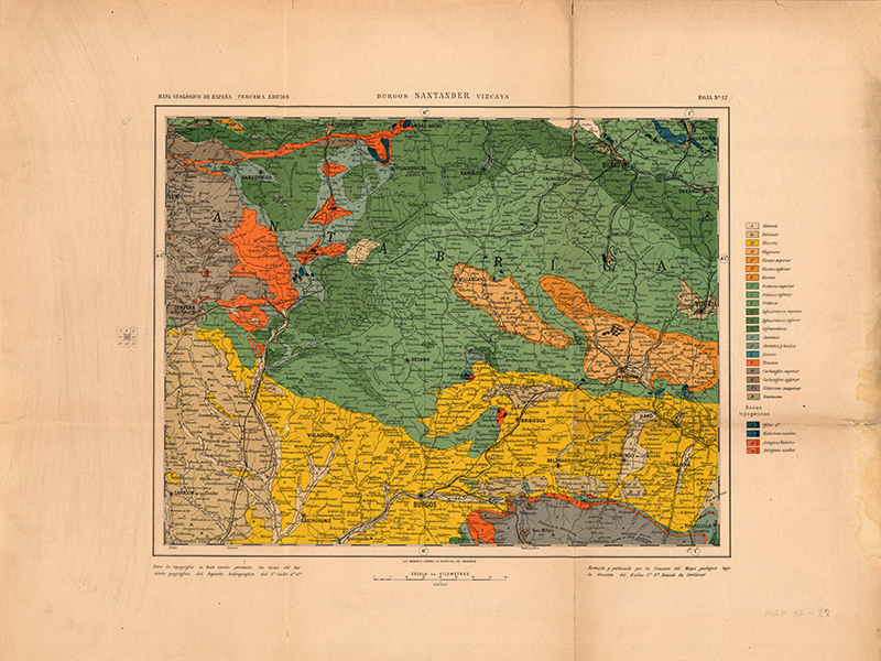 Mapa geológico de España: Burgos-Santander-Vizcaya. 3ª ed. 192?. Signatura MAP 07-28