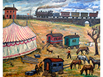 Circo en la estación. Antonio Torres López (Óleo sobre lienzo, 1980-1989) Medidas: 81 x 100 cm. Donación: Ana de Koning - Pieza IG: 03546