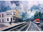 Estacin del ferrocarril de Sitges. Chus Bella (Acuarela sobre papel, 1995) Medidas: 60 x 77 cm. Donacin: la autora - Pieza IG: 01505