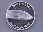 Medalla conmemorativa de la colocacin del primer tramo de va de ancho internacional para el tren de alta velocidad Madrid-Sevilla (1989) - Pieza IG: 06988